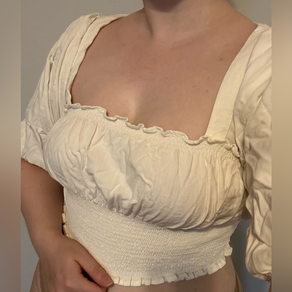 Cropped Squareneck Cream Blouse with Smocked Waist